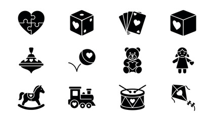 Toy-related black and white icons set