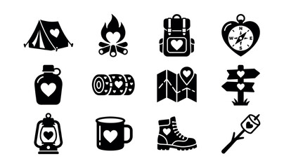 Camping heart silhouette icons set