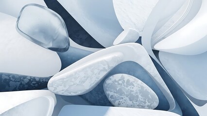 Abstract composition featuring smooth flowing organic shapes and translucent elements rendered in cool icy blue and white tones creating a futuristic serene background texture