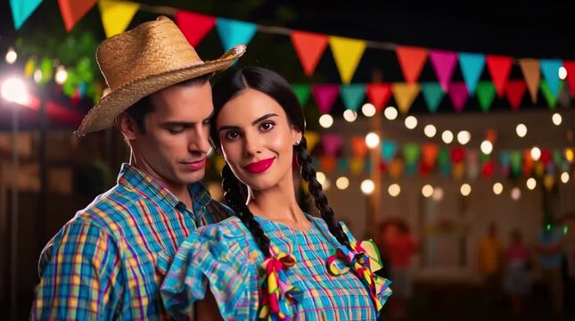 Couple wearing traditional colorful Festa Junina outfits stands closely together at a festive outdoor celebration.