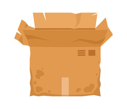 Broken and wet cardboard box. Crumpled carton shipping container, damaged delivery box flat vector illustration. Cartoon torn box on white background
