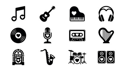 Music heart-themed black and white icons set