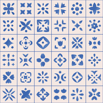 Watercolor blue botanical ornamental tile seamless pattern. Floral vector geometric design with cute flowers. Damask style background