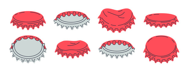 Metallic bottle caps. Beer, soda or lemonade bottle caps, metallic lid for glass containers with refreshing beverages flat vector illustration set. Cartoon glassware metal caps