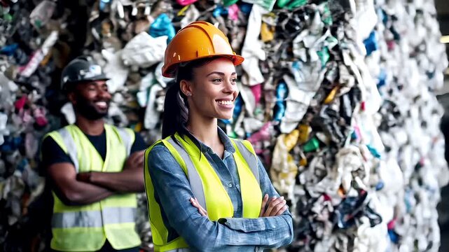 Recycling. Environment conservation. Waste management. A woman in a safety vest and hard hat stands confidently in front of a large pile of waste, surrounded by workers.