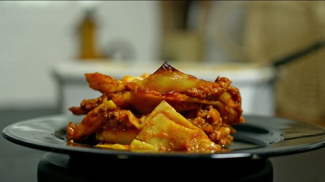 Traditional Italian Beef Lasagna with Melted Cheese, 4K Food Footage