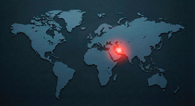Dark world map illustration with Iran highlighted in red glow, symbolizing geopolitical crisis, conflict, or international tension. Concept image for global news, risk, and security topics.