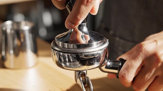 Barista tamping espresso grounds in portafilter for coffee preparation