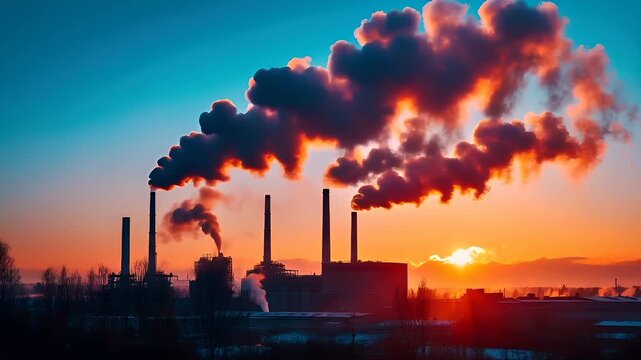 Air pollution. Environment conservation. Industry. A silhouette of a cityscape during sunset with a large plume of smoke rising from a factory chimney.