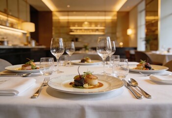 Fototapeta premium Elegant Dining Experience with Gourmet Dishes in Modern Restaurant