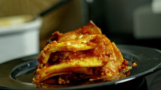 Traditional Italian Beef Lasagna with Melted Cheese, 4K Food Footage