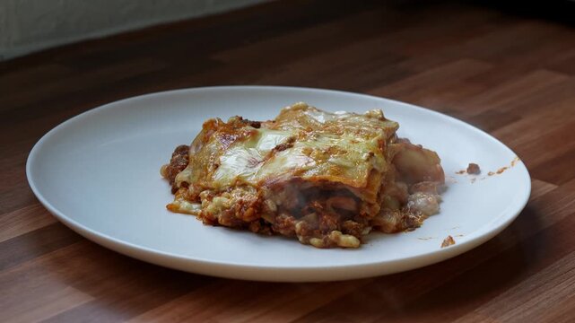 Traditional Italian Beef Lasagna with Melted Cheese, 4K Food Footage