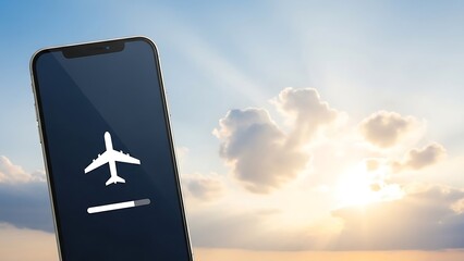 A smartphone displaying an airplane icon with a loading bar against a sunny, cloudy sky