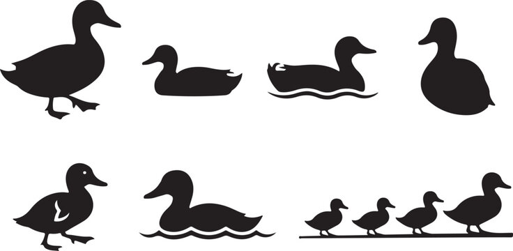 Various duck silhouettes with ducklings walking in a line