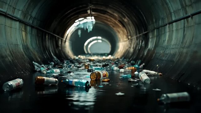 Aerial view of a tunnel filled with trash, including discarded bottles and other miscellaneous items. The scene is set against a backdrop of a dilapidated concrete structure.