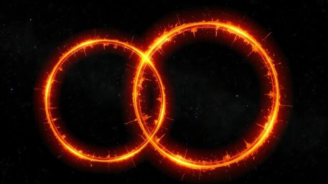 Fiery interlocking rings form an infinity symbol in space. Glowing abstract animation of cosmic energy. Concept of eternal connection and union