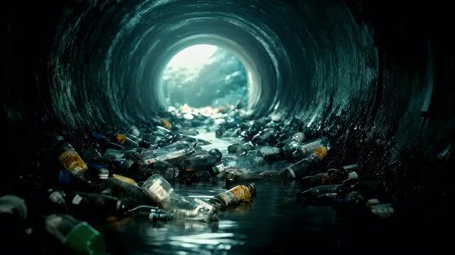 Aerial view of a tunnel filled with discarded bottles submerged in water, creating a stark contrast between the natural and manmade elements. The scene is devoid of any human presence.