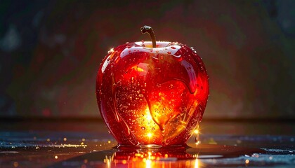 red glass apple, glowing crystal apple, red apple reflection