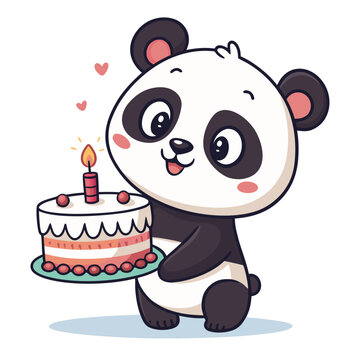 A cute cartoon vector illustration of a funny baby panda bear from China sitting with a delicious cake and a heart, smiling in a fun zoo art style