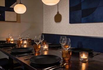 Elegant Dining Table Setting with Candles and Artistic Decor