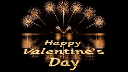 Grand fireworks display over water with glowing text Happy Valentine's Day reflected on the surface.