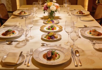 Elegant Fine Dining Table Setup with Gourmet Plates and Flowers