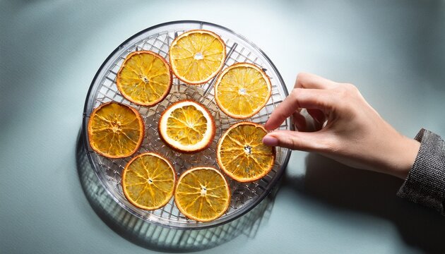 hand arranging orange slices on food dehydrator tray