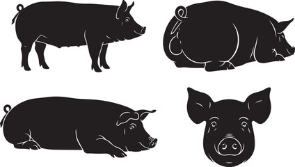 Obraz premium Four black silhouette pig illustrations vector illustration
