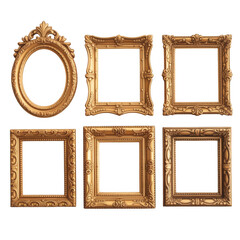 Six Gold Ornate Frames gold frames isolated on a transparent background