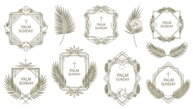 Gold and green palm sunday religious frame with crosses and palm leaves