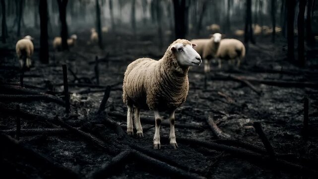 Natural disaster. Devastating loss aftermath scene. A sheep stands in the middle of a burned forest. The sheeps wool is a mix of brown and white, and its ears are perked up, suggesting alertness.