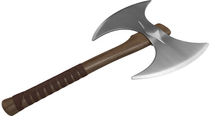 Double headed battle axe with wooden handle double headed axe isolated on a transparent background