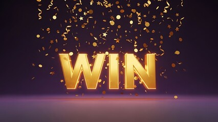 Bold, golden "WIN" text with falling confetti on a dark purple background. Celebration concept