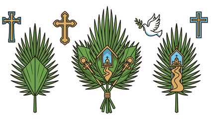 Palm fronds with crosses and religious symbols green leaves yellow crosses