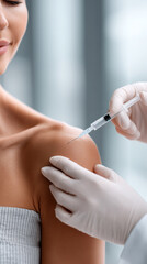 Medical injection procedure, doctor administering vaccine syringe needle patient shoulder. Healthcare vaccination treatment immunization, sterile gloved hand clinical professional care.