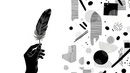 Creative Flow: Hand Holding Feather Quill & Abstract Black and White Art | Inspiration, Writing & Design