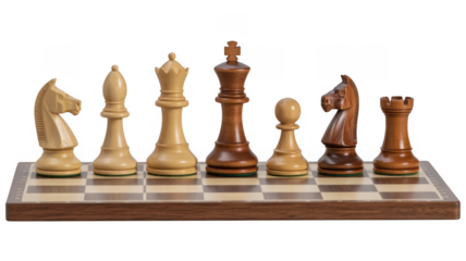 Chess pieces on a wooden board game strategy isolated on a transparent background