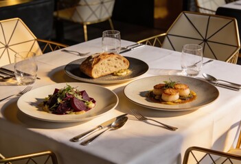 Elegant Dinner Table Setting with Gourmet Dishes and Fresh Bread