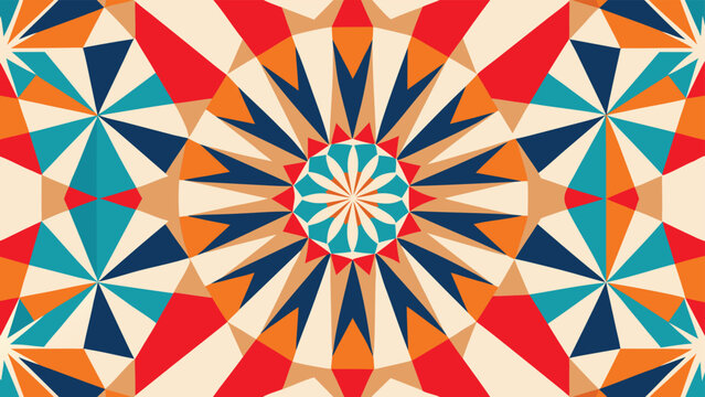 Vibrant geometric mosaic with red orange blue and teal shapes in a radial pattern vector illustration