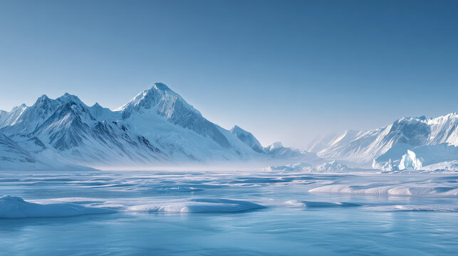Arctic glacier landscape icy blue frozen water mountains panorama. Majestic snow peaks floating ice serene atmosphere. Pristine polar wilderness dramatic vista cold climate nature environment scene.