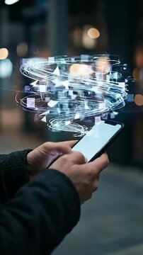 Smartphone mobile data swirl hologram glowing digital visualization overlay night city with