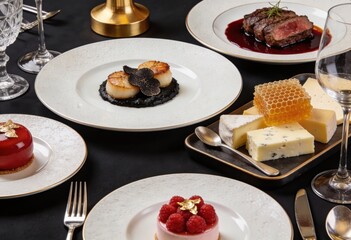 Elegant Fine Dining Table Setting with Gourmet Dishes and Desserts