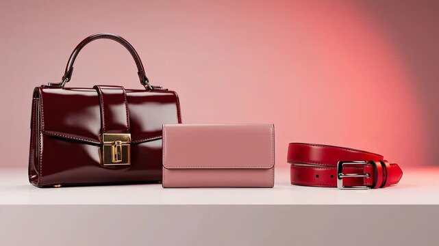 Luxurious patent leather handbag, elegant pink leather wallet, and vibrant red leather belt displayed together as stylish fashion accessories assortment
