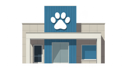 Blue and beige building with black paw print sign isolated on a transparent background