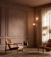Warm conceptual living interior with classic wall panels, soft daylight, wooden furniture and calm brown tones creating an elegant, timeless and refined atmosphere. 3D illustration © Salih