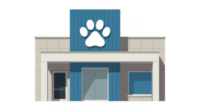 Blue and beige building with black paw print sign isolated on a transparent background - Powered by Adobe