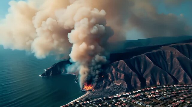 Natural disaster. Devastating loss aftermath scene. Aerial view of coastal area with fires and smoke, highlighting the devastation caused by the fires.