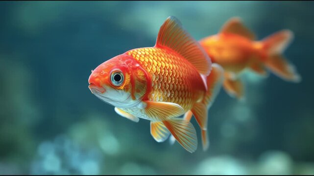 Close-up of Two Goldfish Swimming in Clear Blue Water.