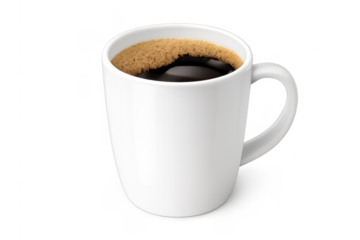 White ceramic mug holding dark coffee with foam