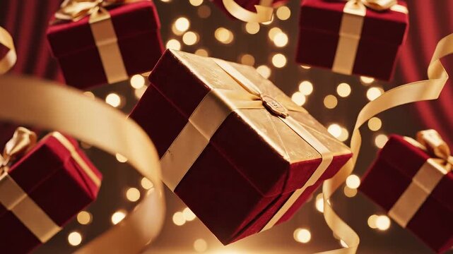 Luxurious velvet gift boxes wrapped with elegant gold ribbon and shining festive lights symbolize celebration and holiday surprise giving